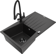 Mexen Cesar Granitspüle 1-Becken mit Abtropffläche und Küchenarmatur Duo, schwarz/silber metallic - 6514-73-671701-70-B