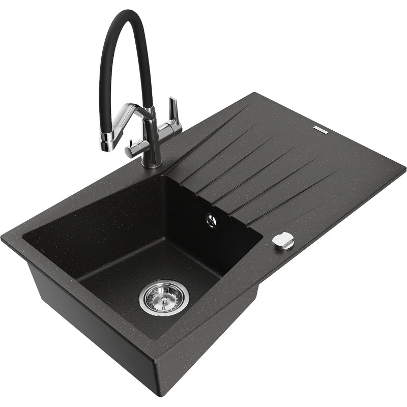 Mexen Cesar Granitspüle 1-Becken mit Abtropffläche und Küchenarmatur Duo, schwarz/gold metallic - 6514-75-671701-07