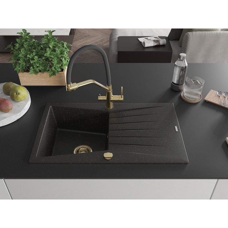 Mexen Cesar Granitspüle 1-Becken mit Abtropffläche und Küchenarmatur Duo, schwarz/gold metallic - 6514-75-671701-57-G