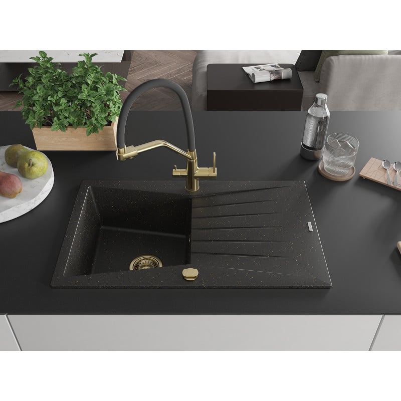 Mexen Cesar Granitspüle 1-Becken mit Abtropffläche und Küchenarmatur Duo, schwarz/goldener Metallic - 6514-75-671701-57-G
