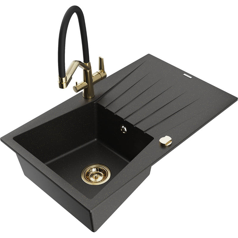 Mexen Cesar Granitspüle 1-Becken mit Abtropffläche und Küchenarmatur Duo, schwarz/goldener Metallic - 6514-75-671701-57-G