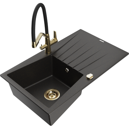 Mexen Cesar Granitspüle 1-Becken mit Abtropffläche und Küchenarmatur Duo, schwarz/goldener Metallic - 6514-75-671701-57-G
