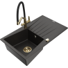 Mexen Cesar Granitspüle 1-Becken mit Abtropffläche und Küchenarmatur Duo, schwarz/goldener Metallic - 6514-75-671701-57-G
