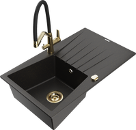 Mexen Cesar Granitspüle 1-Becken mit Abtropffläche und Küchenarmatur Duo, schwarz/goldener Metallic - 6514-75-671701-57-G