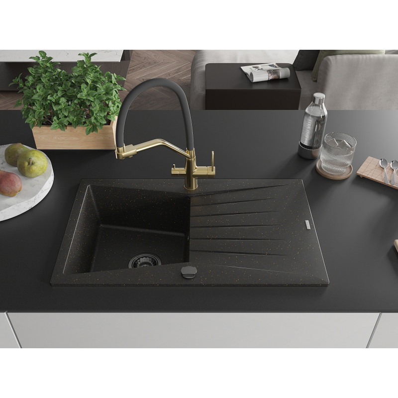 Mexen Cesar Granitspüle 1-Becken mit Abtropffläche und Küchenarmatur Duo, schwarz/gold metallic - 6514-75-671701-57-B
