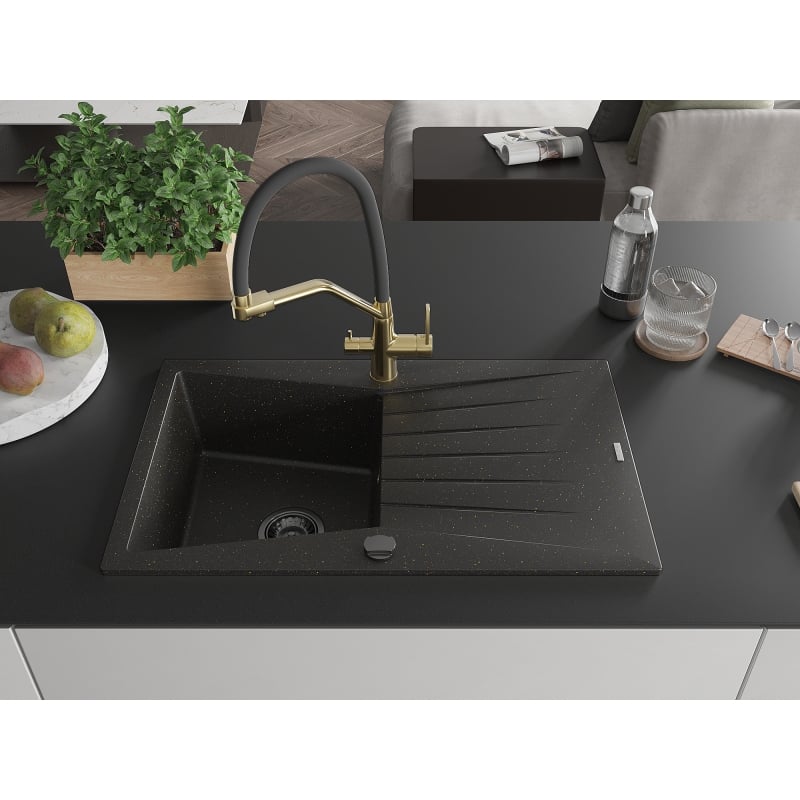 Mexen Cesar Granitspüle 1-Becken mit Abtropffläche und Küchenarmatur Duo, schwarz/gold metallisch - 6514-75-671701-57-B