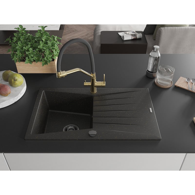 Mexen Cesar Granitspüle ein Becken mit Abtropffläche und Küchenarmatur Duo, schwarz/gold metallic - 6514-75-671701-57-B