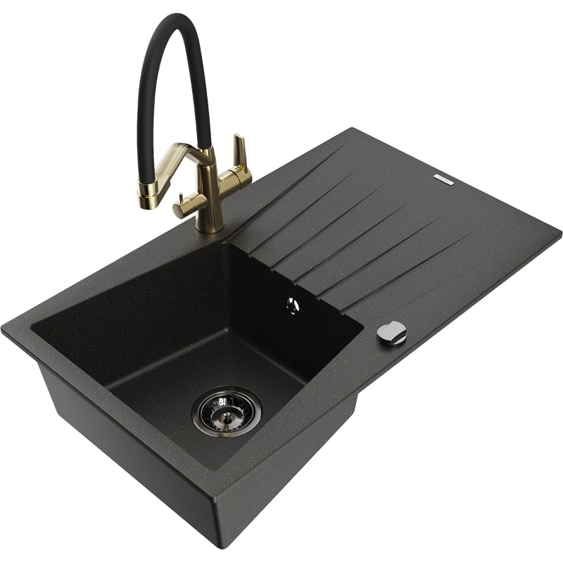 Mexen Cesar Granitspüle 1-Becken mit Abtropffläche und Küchenarmatur Duo, schwarz/gold metallisch - 6514-75-671701-57-B