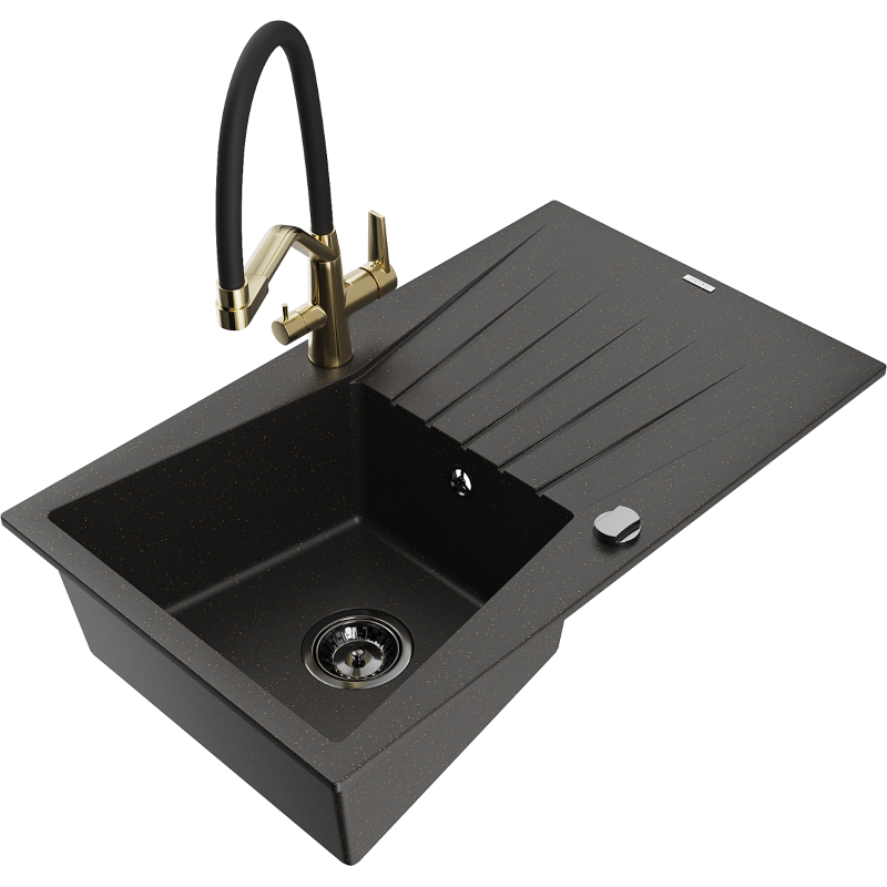 Mexen Cesar Granitspüle ein Becken mit Abtropffläche und Küchenarmatur Duo, schwarz/gold metallic - 6514-75-671701-57-B