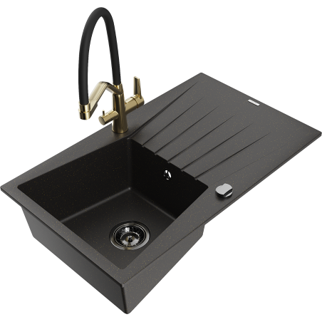 Mexen Cesar Granitspüle 1-Becken mit Abtropffläche und Küchenarmatur Duo, schwarz/gold metallic - 6514-75-671701-57-B