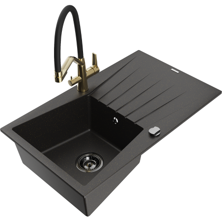 Mexen Cesar Granitspüle ein Becken mit Abtropffläche und Küchenarmatur Duo, schwarz/gold metallic - 6514-75-671701-57-B