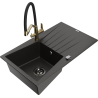 Mexen Cesar Granitspüle ein Becken mit Abtropffläche und Küchenarmatur Duo, schwarz/gold metallic - 6514-75-671701-57-B