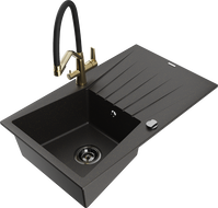 Mexen Cesar Granitspüle ein Becken mit Abtropffläche und Küchenarmatur Duo, schwarz/gold metallic - 6514-75-671701-57-B