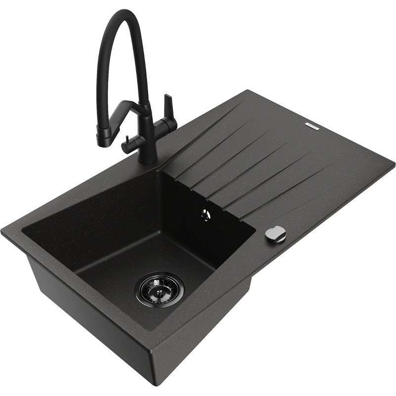 Mexen Cesar Granitspüle 1-Becken mit Abtropffläche und Küchenarmatur Duo, schwarz/goldener Metallic - 6514-75-671701-70-B