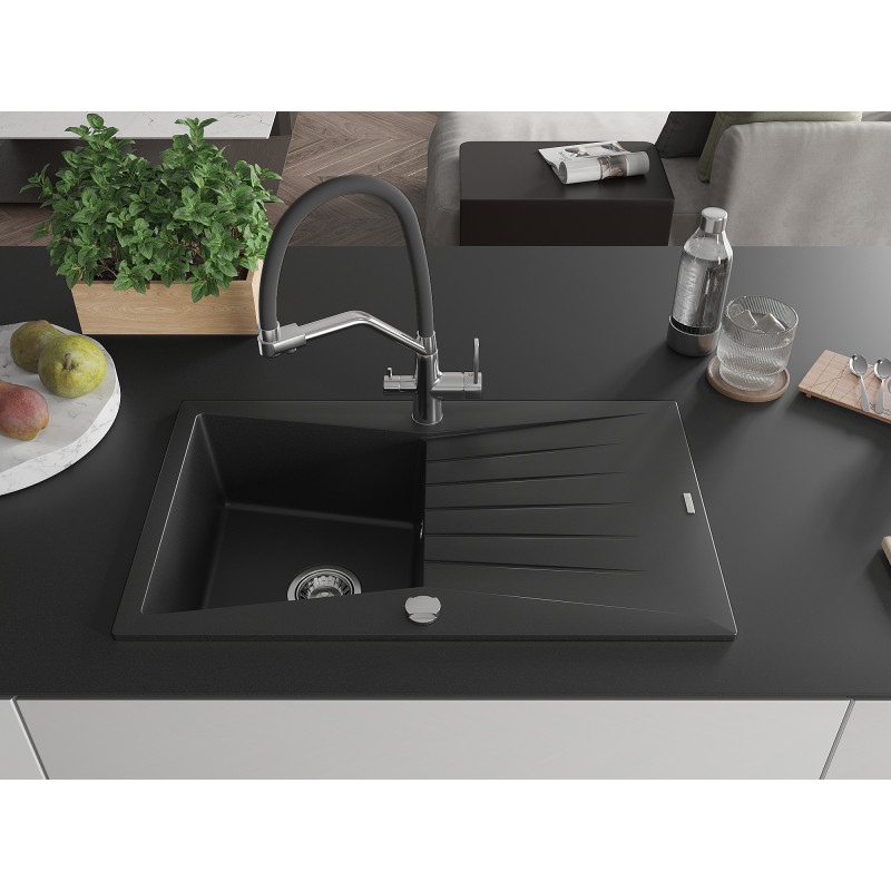 Mexen Cesar Granitspüle 1-Becken mit Abtropffläche und Küchenarmatur Duo, schwarz - 6514-77-671701-07
