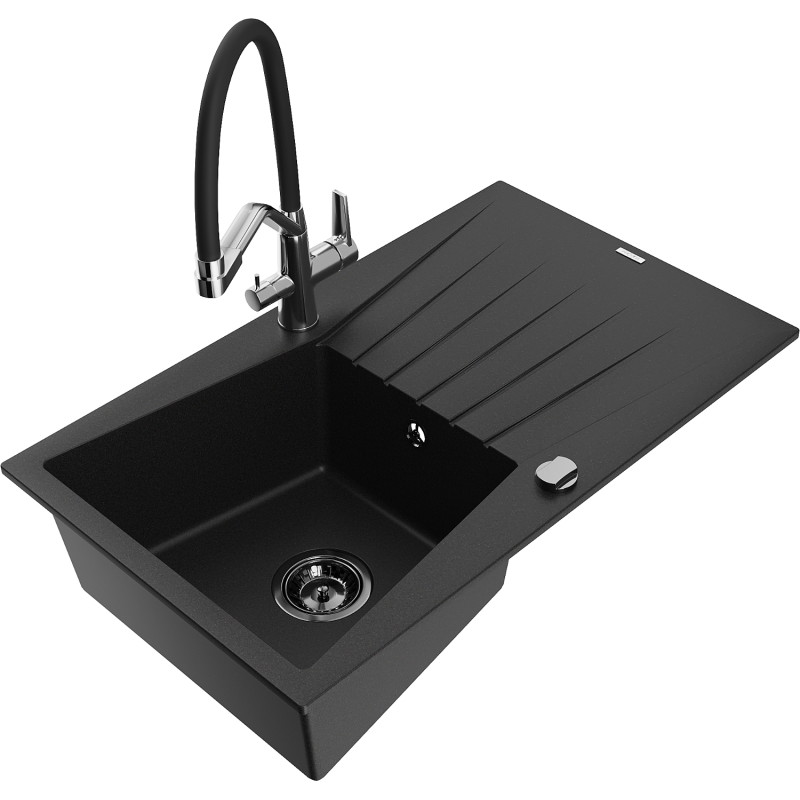 Mexen Cesar 1-Kammer Granitspüle mit Abtropffläche und Küchenarmatur Duo, schwarz - 6514-77-671701-07-B