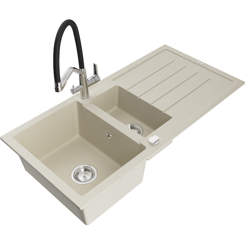 Mexen Andres Granitspüle 1,5 Becken mit Abtropffläche und Küchenarmatur Duo, beige - 6515-69-671701-07