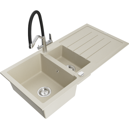 Mexen Andres Granitspüle 1,5 Becken mit Abtropffläche und Küchenarmatur Duo, beige - 6515-69-671701-07