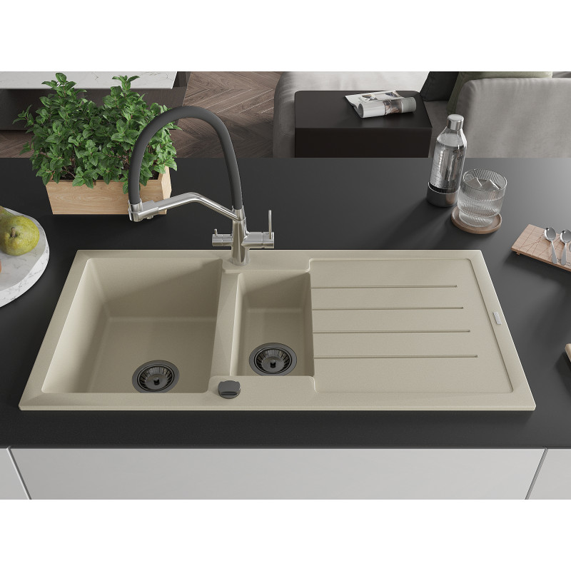 Mexen Andres Granitspüle 1,5 Becken mit Abtropffläche und Küchenarmatur Duo, beige - 6515-69-671701-07-B