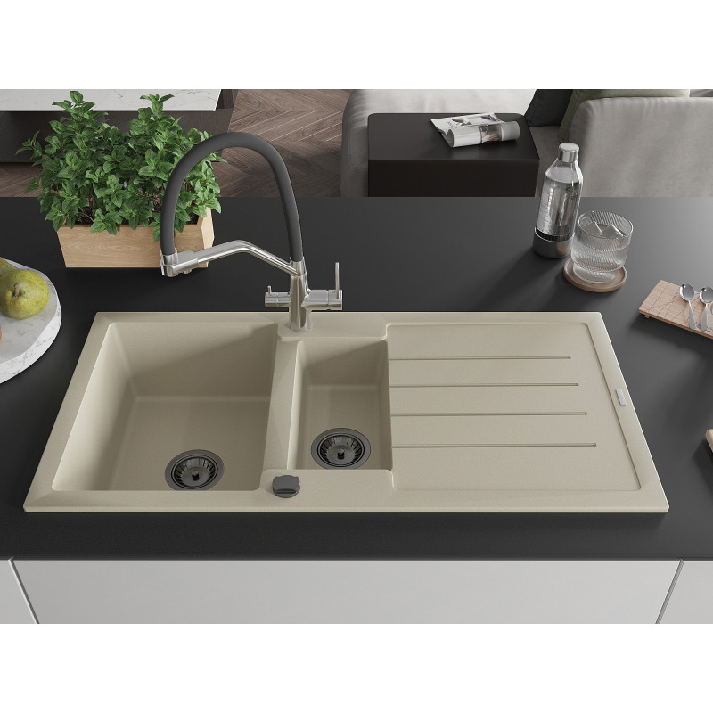 Mexen Andres Granitspüle 1,5-beckig mit Abtropffläche und Küchenarmatur Duo, beige - 6515-69-671701-07-B