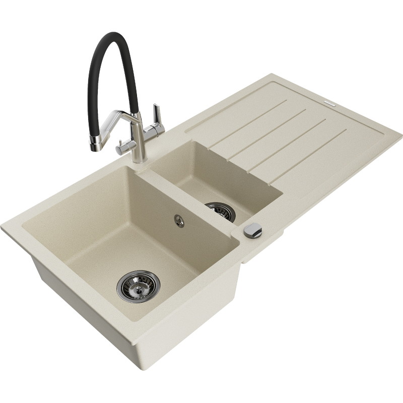 Mexen Andres Granitspüle 1,5-beckig mit Abtropffläche und Küchenarmatur Duo, beige - 6515-69-671701-07-B