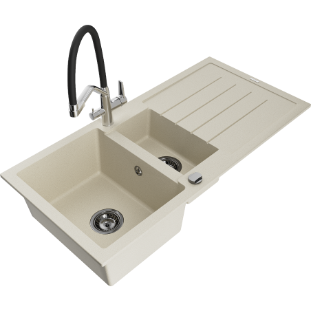 Mexen Andres Granitspüle 1,5-Becken mit Abtropffläche und Duo Küchenarmatur, beige - 6515-69-671701-07-B