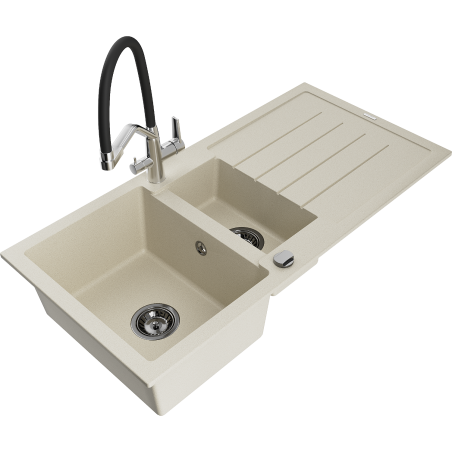 Mexen Andres Granitspüle 1,5 Becken mit Abtropffläche und Küchenarmatur Duo, beige - 6515-69-671701-07-B