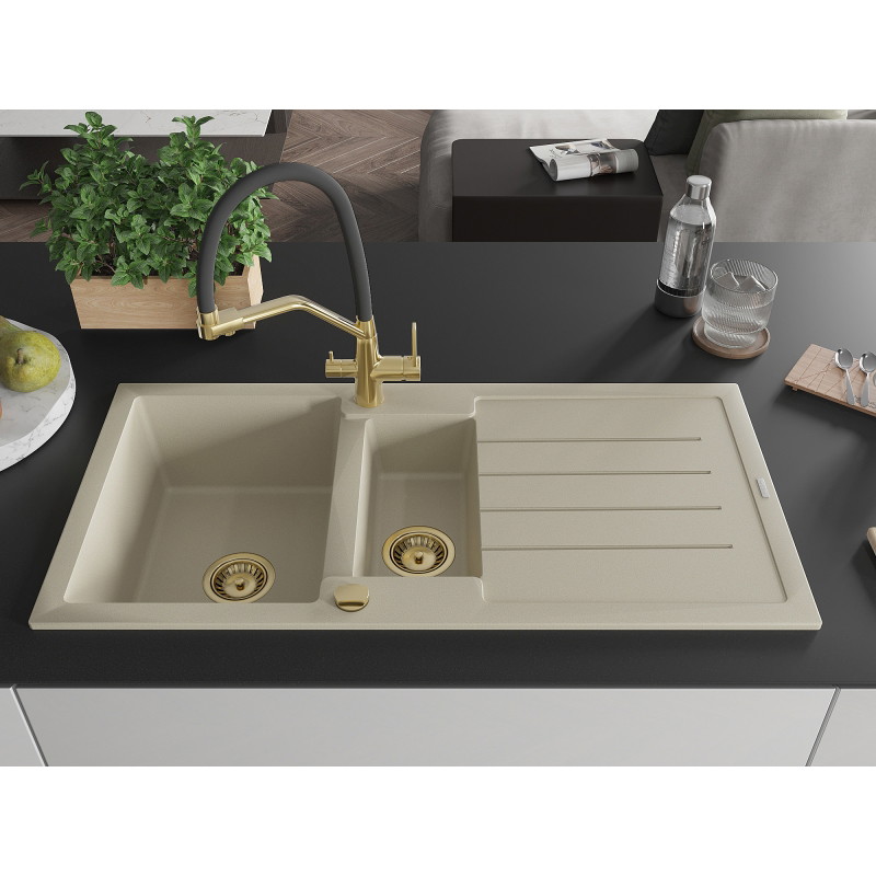 Mexen Andres Granitspüle 1,5-Becken mit Abtropffläche und Küchenarmatur Duo, beige - 6515-69-671701-57-G