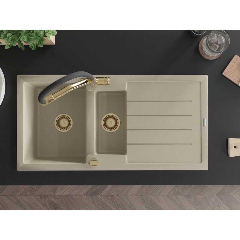 Mexen Andres Granitspüle 1,5-fach mit Abtropffläche und Küchenarmatur Duo, beige - 6515-69-671701-57-G