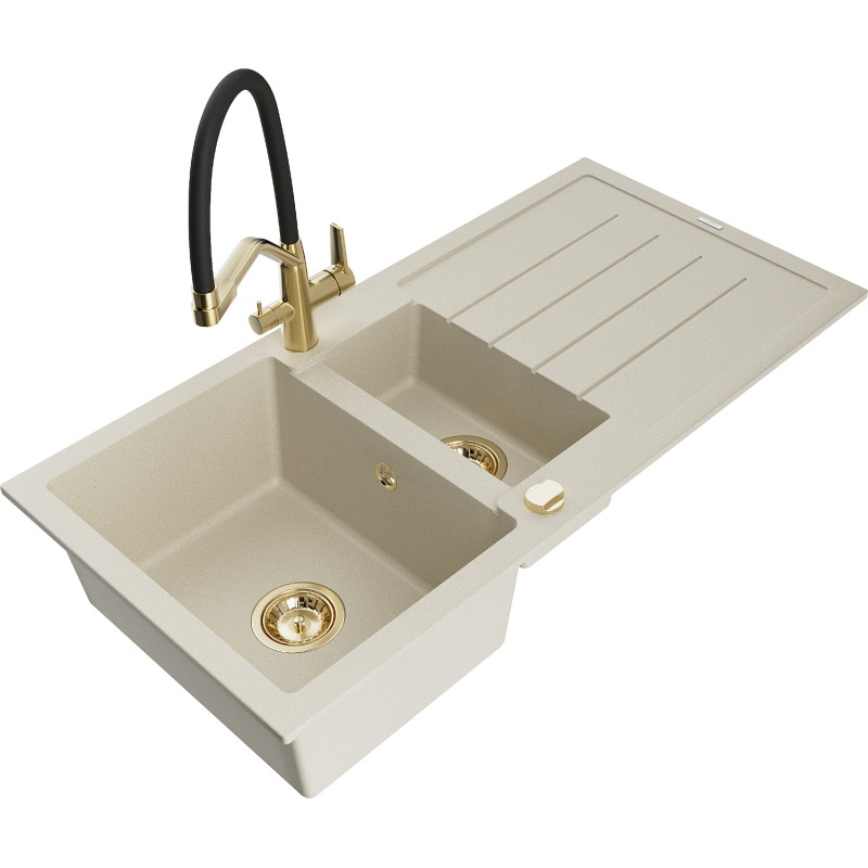 Mexen Andres Granitspüle 1,5-beckig mit Abtropffläche und Küchenarmatur Duo, beige - 6515-69-671701-57-G