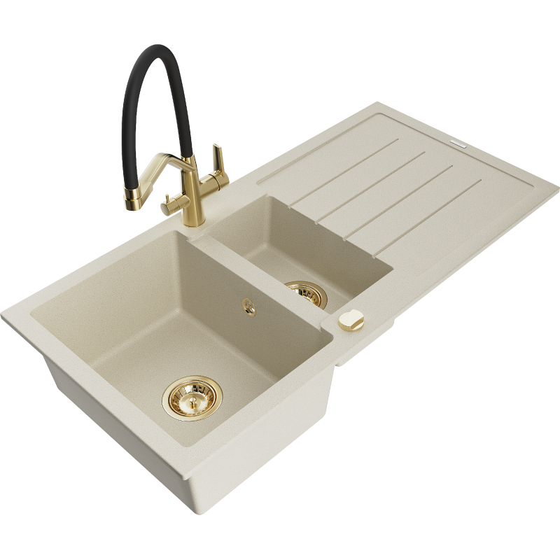 Mexen Andres Granitspüle 1,5-fach mit Abtropffläche und Küchenarmatur Duo, beige - 6515-69-671701-57-G