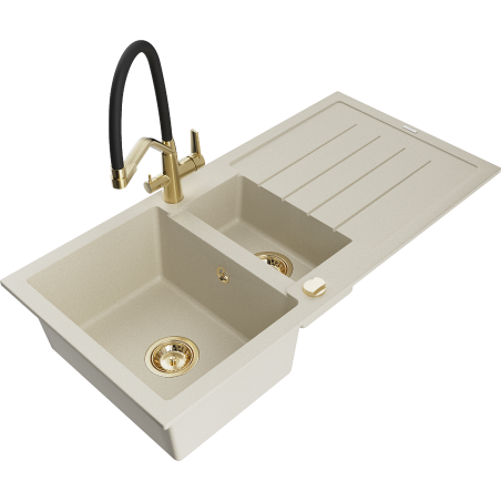 Mexen Andres Granitspüle 1,5-fach mit Abtropffläche und Küchenarmatur Duo, beige - 6515-69-671701-57-G