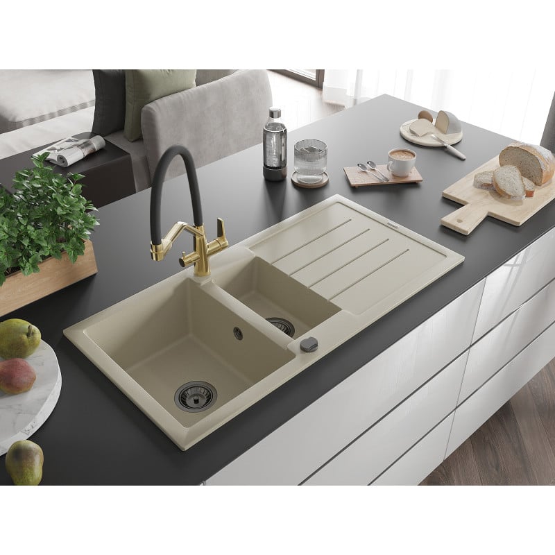 Mexen Andres Granitspüle 1,5-Kammern mit Abtropffläche und Küchenarmatur Duo, beige - 6515-69-671701-57-B