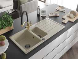 Mexen Andres Granitspüle 1,5-Kammern mit Abtropffläche und Küchenarmatur Duo, beige - 6515-69-671701-57-B