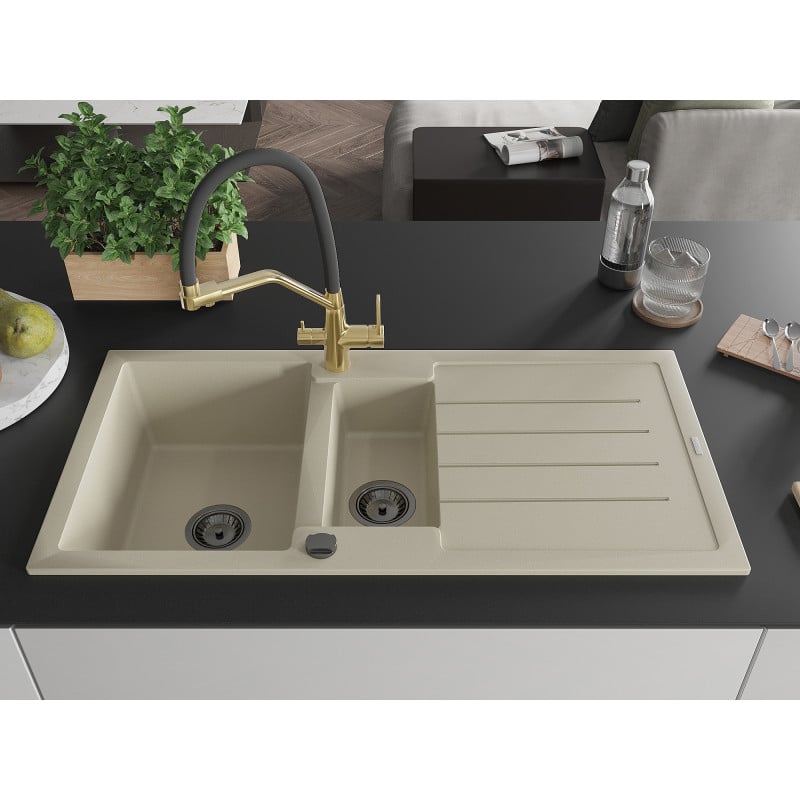 Mexen Andres Granitspüle 1,5-Kammern mit Abtropffläche und Küchenarmatur Duo, beige - 6515-69-671701-57-B