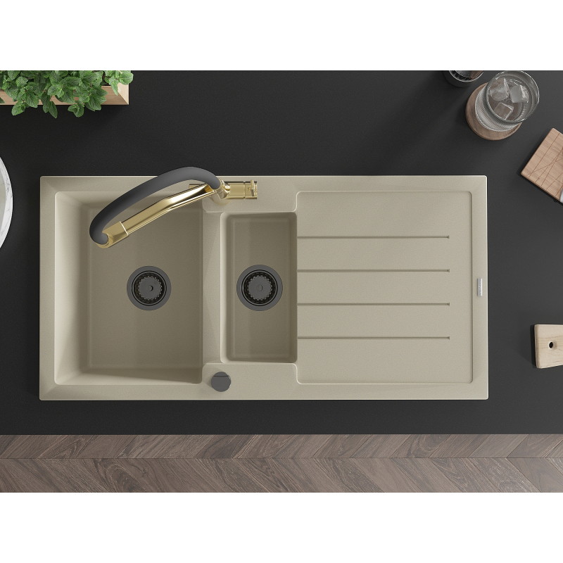 Mexen Andres Granitspüle 1,5-Becken mit Abtropffläche und Küchenarmatur Duo, beige - 6515-69-671701-57-B