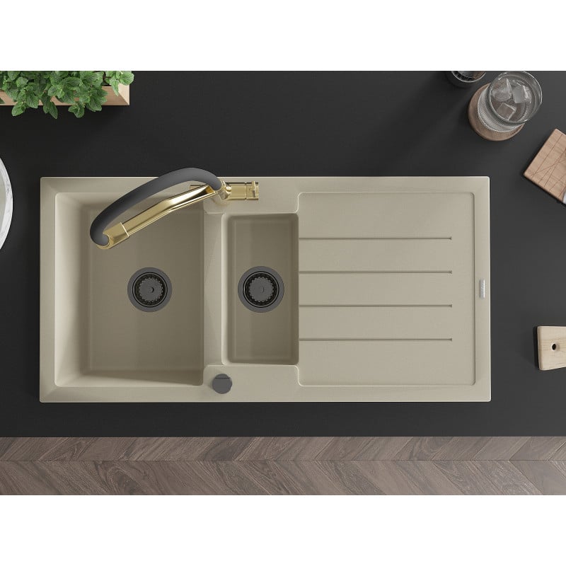 Mexen Andres Granitspüle 1,5-Kammern mit Abtropffläche und Küchenarmatur Duo, beige - 6515-69-671701-57-B