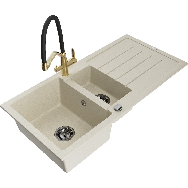 Mexen Andres Granitspüle 1,5-Becken mit Abtropffläche und Küchenarmatur Duo, beige - 6515-69-671701-57-B