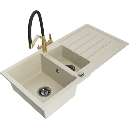 Mexen Andres Granitspüle 1,5-Becken mit Abtropffläche und Küchenarmatur Duo, beige - 6515-69-671701-57-B