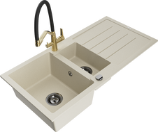 Mexen Andres Granitspüle 1,5-Kammern mit Abtropffläche und Küchenarmatur Duo, beige - 6515-69-671701-57-B