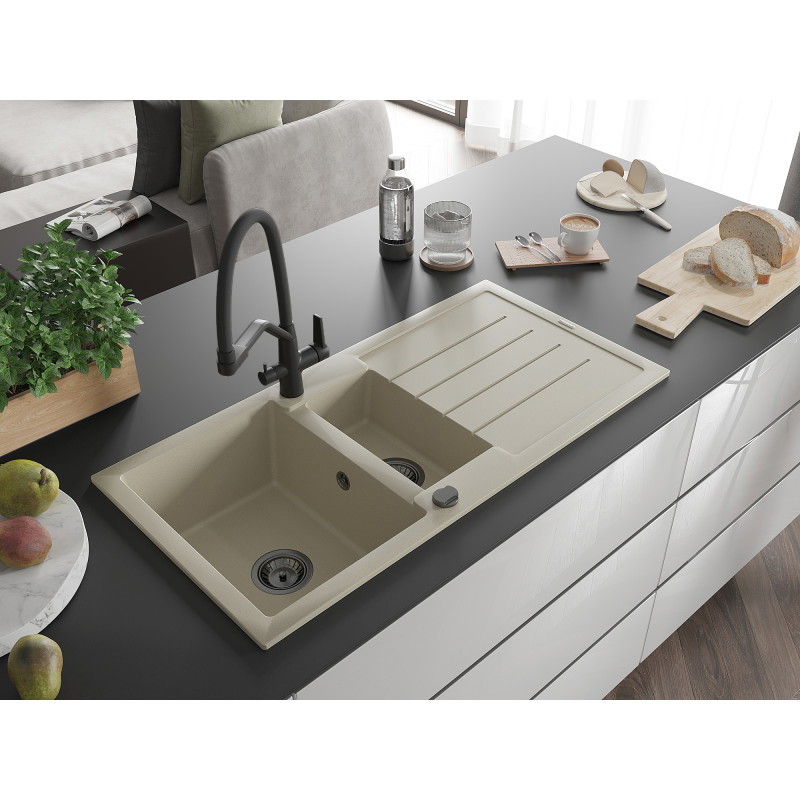Mexen Andres Granitspüle 1,5-Becken mit Abtropffläche und Küchenarmatur Duo, beige - 6515-69-671701-70-B