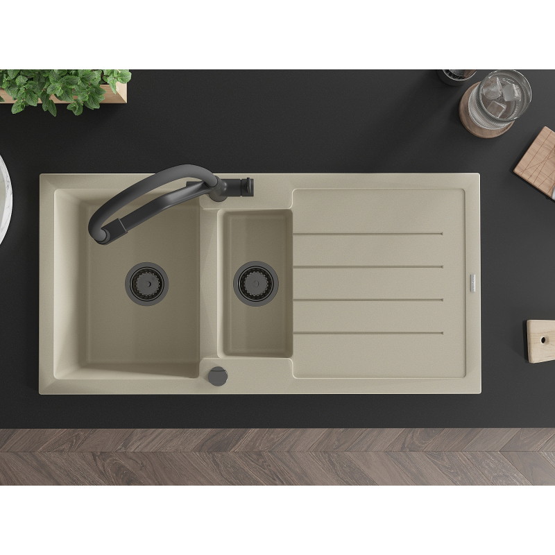 Mexen Andres granit Spüle 1,5-Becken mit Abtropffläche und Küchenarmatur Duo, beige - 6515-69-671701-70-B