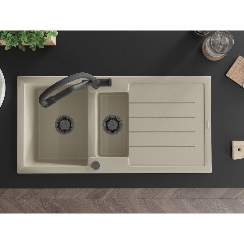 Mexen Andres Granitspüle 1,5-Becken mit Abtropffläche und Küchenarmatur Duo, beige - 6515-69-671701-70-B