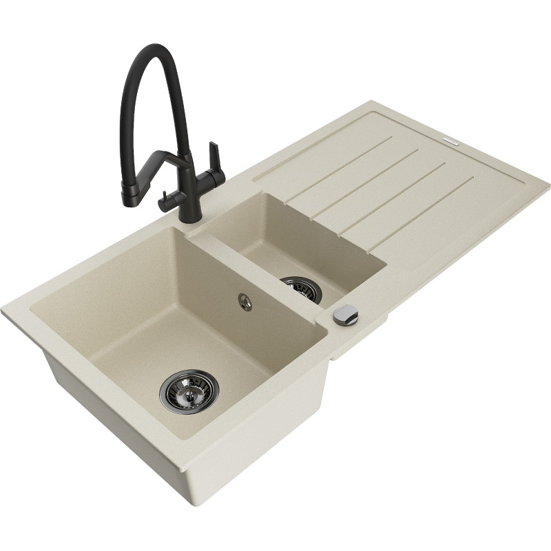 Mexen Andres granit Spüle 1,5-Becken mit Abtropffläche und Küchenarmatur Duo, beige - 6515-69-671701-70-B