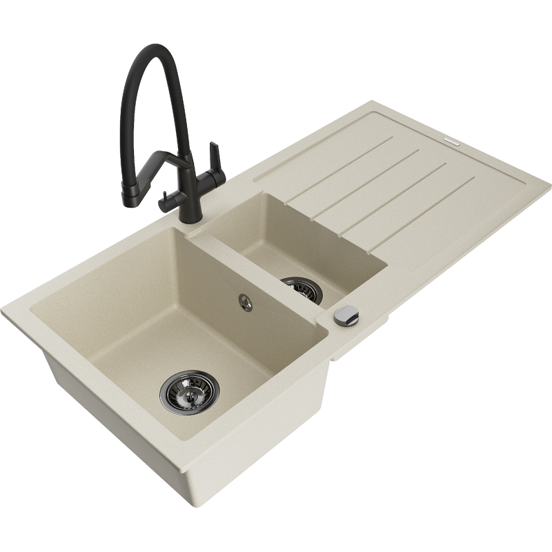 Mexen Andres Granitspüle 1,5-Becken mit Abtropffläche und Küchenarmatur Duo, beige - 6515-69-671701-70-B