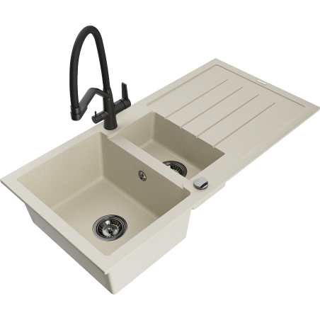 Mexen Andres Granitspüle 1,5-Becken mit Abtropffläche und Küchenarmatur Duo, beige - 6515-69-671701-70-B