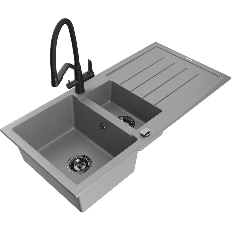 Mexen Andres 1,5-Schüssel Granitspüle mit Abtropfbrett und Küchenarmatur Duo, grau - 6515-71-671701-70-B
