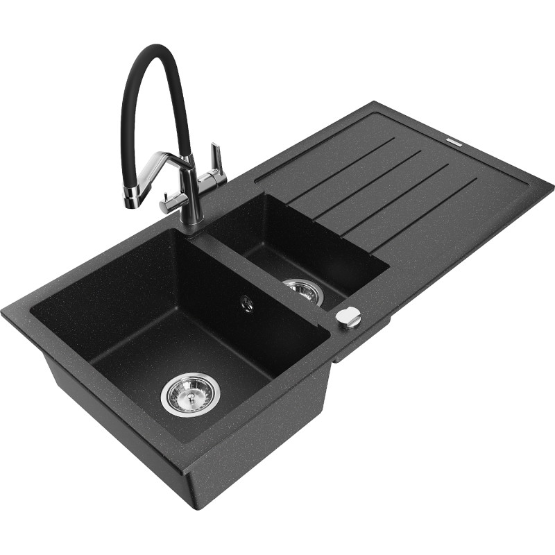 Mexen Andres granitspüle 1,5-becken mit abtropffläche und küchenarmatur duo, schwarz/silber metallic - 6515-73-671701-07