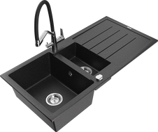 Mexen Andres Granitspüle 1,5-Becken mit Abtropffläche und Duo Küchenarmatur, schwarz/silber metallic - 6515-73-671701-07