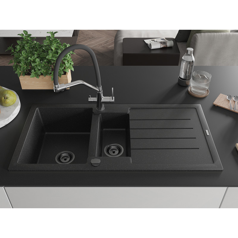 Mexen Andres Granit-Spülbecken 1,5-Kammer mit Abtropffläche und Küchenarmatur Duo, schwarz/silber - 6515-73-671701-07-B
